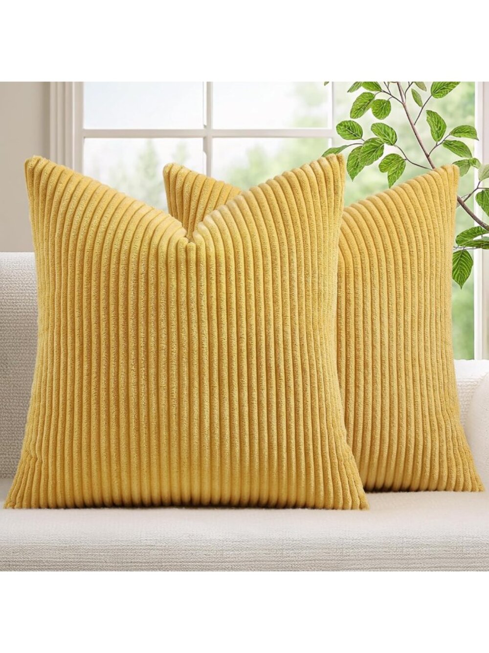 Cozy Mustard Yellow Corduroy Throw Pillow Covers 24x24 - Set of 2 for Fall Decor